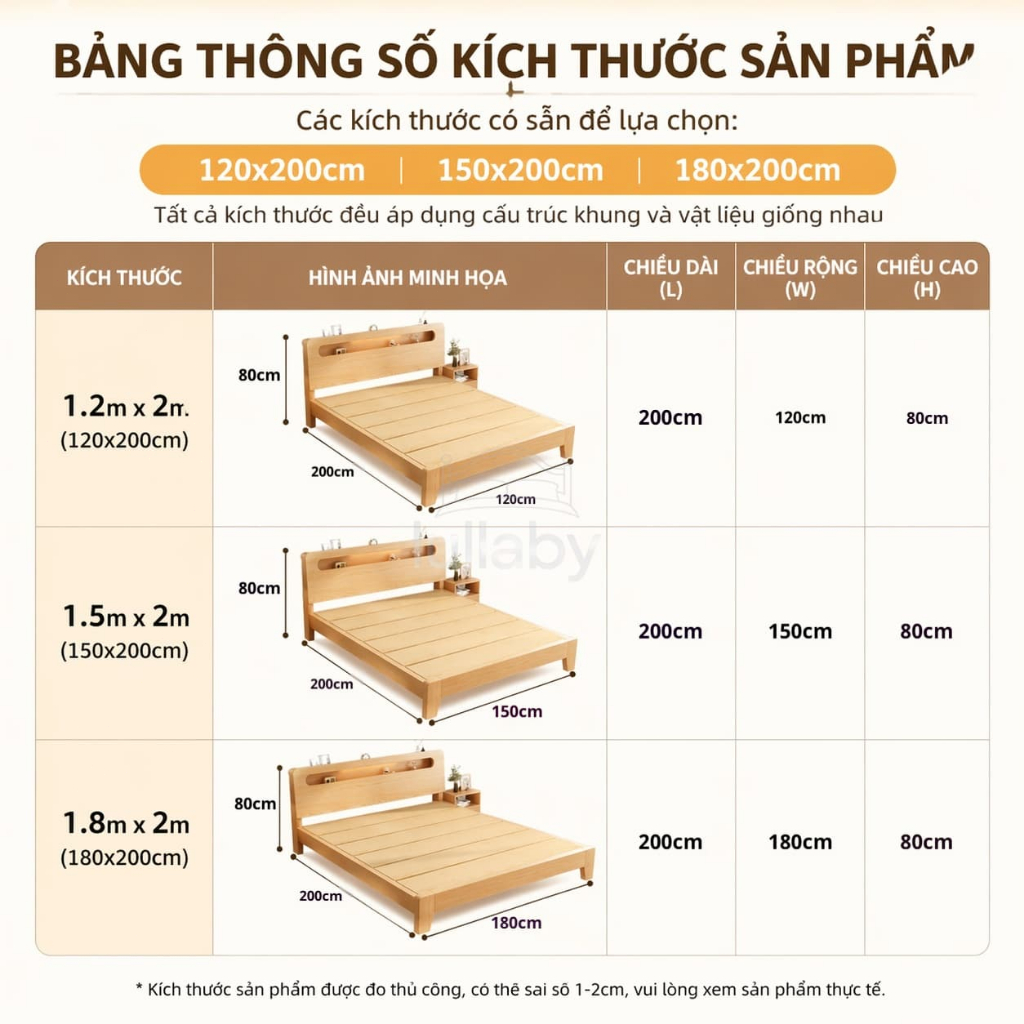 Lullaby giường gỗ Tự Nhiên 100 Khung lưu trữ Đầu giường trọng tối đa 600kg Có các kích120/150/180cm | BigBuy360 - bigbuy360.vn