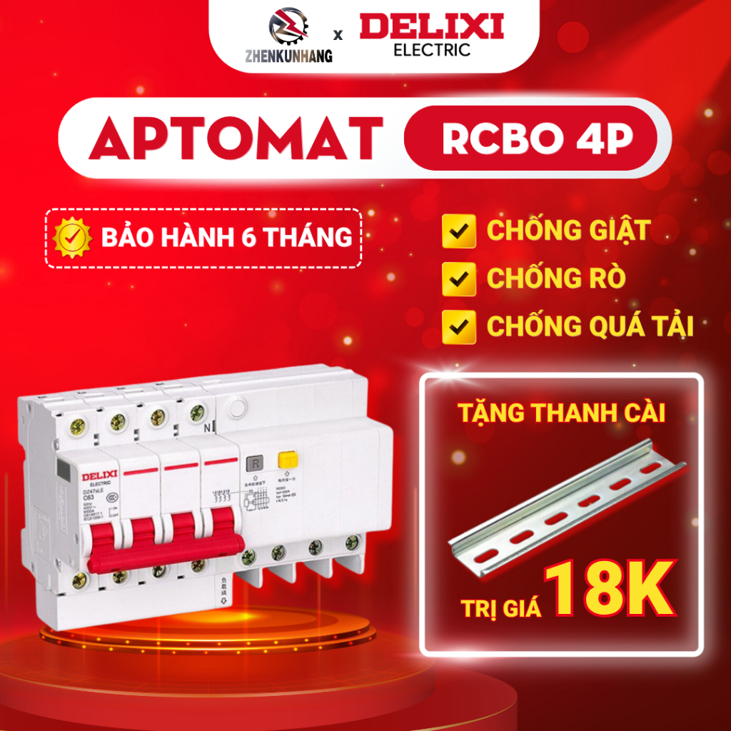 Aptomat, Cầu Dao Tự Động 3 Pha Delixi Chống Quá Tải, Chống Ngắn Mạch DZ47sLE 4P C 63A