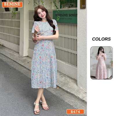 Đầm thiết kế BEMINE cổ tròn in hoa dáng chữ A xếp ly phù hợp đi làm, đi chơi-B474