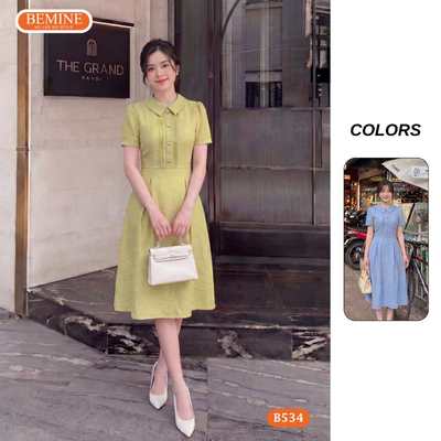 Đầm thiết kế BEMINE cổ đức đính cúc dáng chữ A phù hợp đi làm-B534