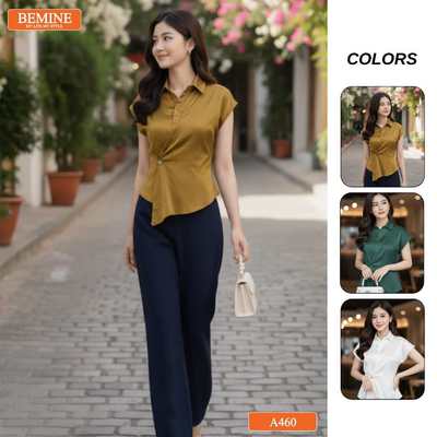 Áo thiết kế BEMINE cổ sơ mi vạt đắp chéo-A460