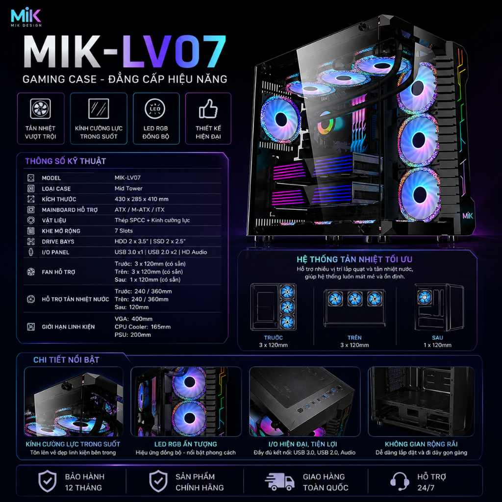 Case máy tính MIK-LV07 Mầu Đen chuyên lắp Main ATX , E-ATX ,Supermicro , X99 Huananzhi F8D Plus , X299 Full
