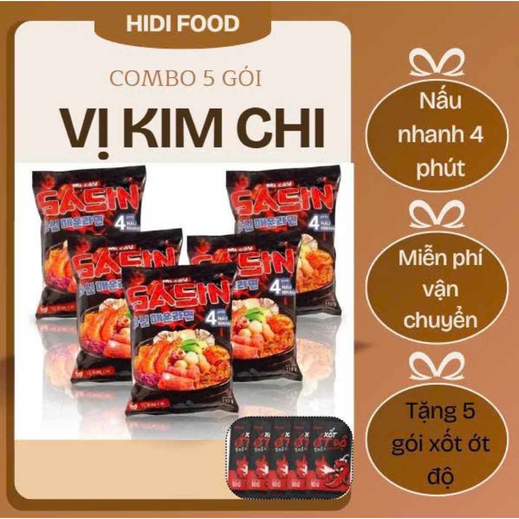 [ COMBO 5] MÌ CAY SASIN VỊ KIM CHI + TẶNG KÈM 5 GÓI XỐT ỚT ĐỘ - CHUẨN VỊ SASIN