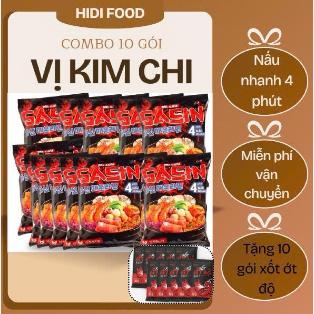 Voucher Giảm 15K [COMBO 10] MÌ CAY SASIN VỊ KIM CHI + TẶNG KÈM 10 GÓI XỐT ỚT ĐỘ - CHUẨN VỊ SASIN