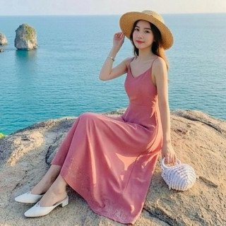 Đầm maxi hồng đi biển nơ sau có mút ngực (kèm hình thật)