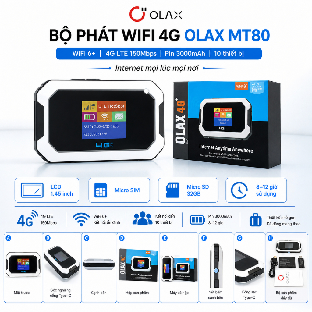 Bộ Phát Wifi 4G OLAX MT80 Có Màn Hình LCD, Chuẩn WiFi 6+, Pin Trâu 3000mAh, Kết Nối 10 Thiết Bị
