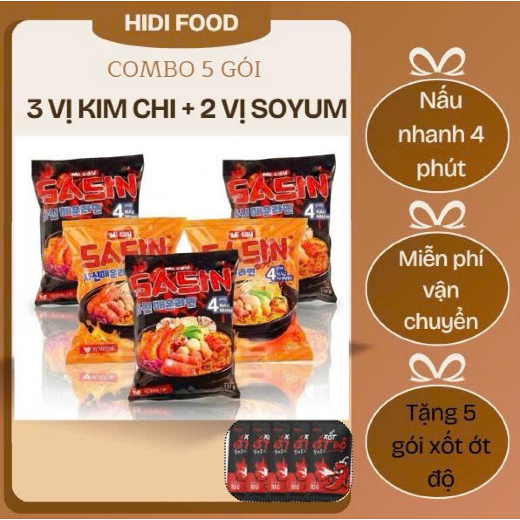 |COMBO 5| MÌ CAY SASIN 3 VỊ KIM CHI + 2 VỊ SOYUM - TẶNG 5 GÓI XỐT ỚT ĐỘ_CHUẨN VỊ SASIN
