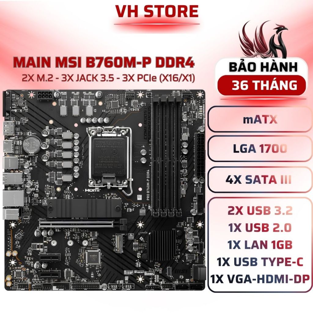Main MSI PRO B760M-P DDR4 LGA1700 Hỗ trợ Gen 12/13 - BẢO HÀNH 36 THÁNG - VHSTORE