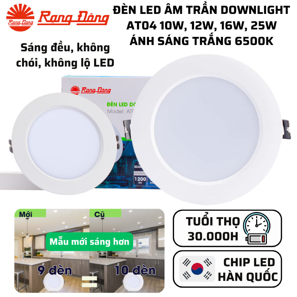 Đèn LED âm trần Downlight Đế nhôm 10W, 12W, 16W, 25W Ánh sáng Trắng 6500K Rạng Đông AT04
