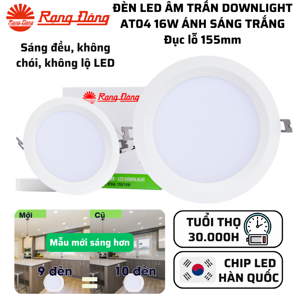 Đèn LED âm trần Downlight đế nhôm 16W khoét lỗ 155mm Ánh sáng Trắng 6500K Rạng Đông AT04