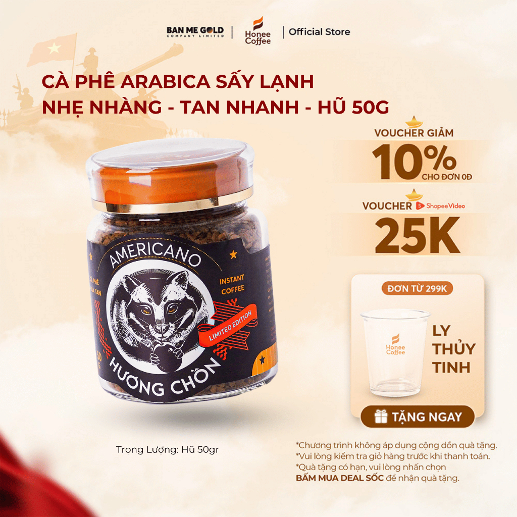 [TẶNG LY] Cà Phê Sấy Lạnh Arabica - Cafe Hòa Tan Nguyên Chất Không Đường -Pha Bằng Nước Lạnh (50g) -