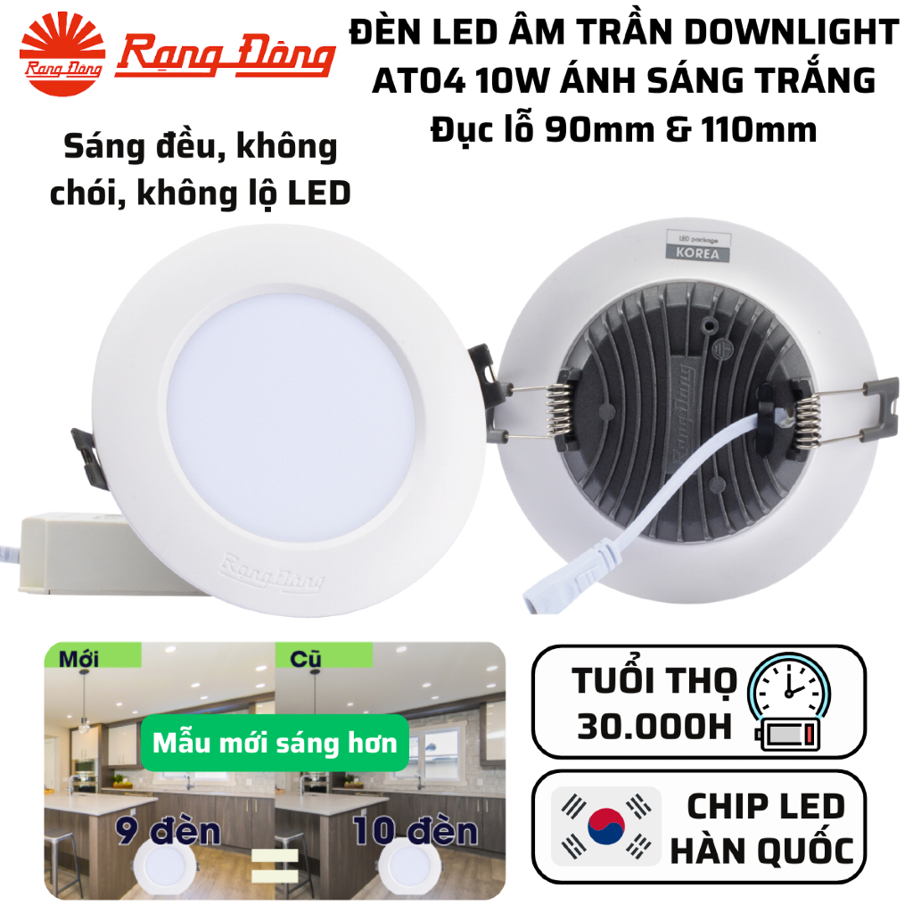 Đèn LED âm trần Downlight đế nhôm 10W Ánh sáng Trắng 6500K Chip Led Hàn Quốc Rạng Đông AT04