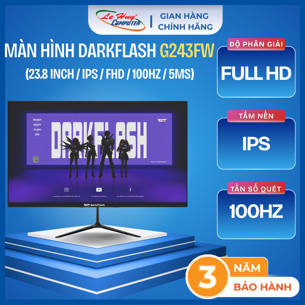 Màn Hình LCD DarkFlash G22W/ G243FW (FullHD/ 100Hz/ Chân Đế Chữ V/ HDMI/ VGA) - Hàng Chính Hãng