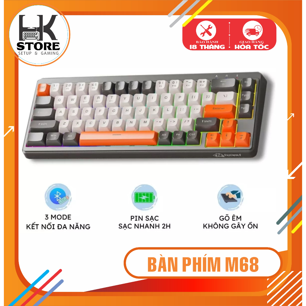 Bàn Phím Văn Phòng Bluetooth FreeWolf M68 3 Mode Kết Nối, Keycap PBT, LED 7 màu, 68 Phím Nhỏ Gọn
