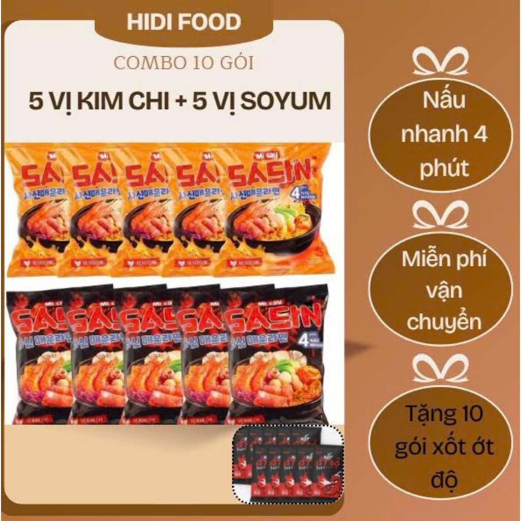[COMBO 10] MÌ CAY SASIN MIX VỊ *5 KIM CHI + 5 SOYUM* + TẶNG KÈM 10 GÓI XỐT ỚT ĐỘ - CHUẨN VỊ SASIN