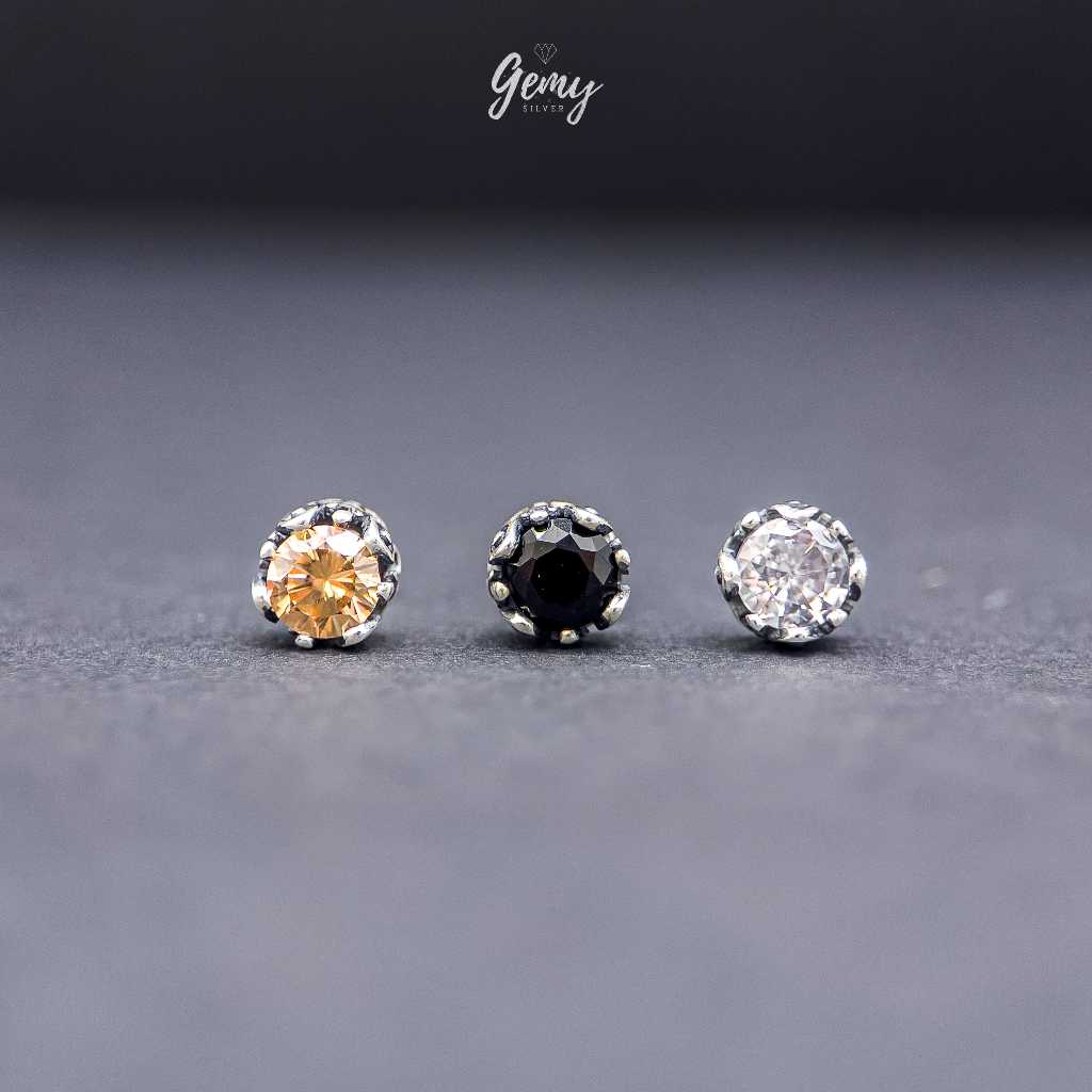 Khuyên tai nam thanh thẳng bạc S999 Stephen đính nụ đá 3 màu cực chất (1 chiếc) | GEMY SILVER KN149