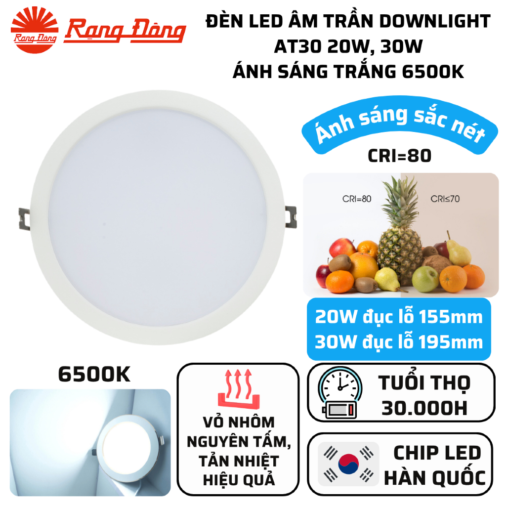 Đèn LED âm trần Downlight 20W lỗ khoét 155mm, 30W lỗ khoét 195mm Sáng trắng 6500K Rạng Đông AT30
