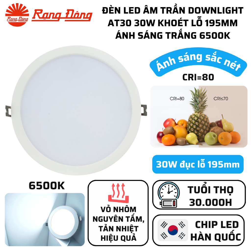 Đèn LED âm trần Downlight 30W đục lỗ 195mm Sáng trắng 6500K Chip LED Hàn Quốc bền bỉ Rạng Đông AT30