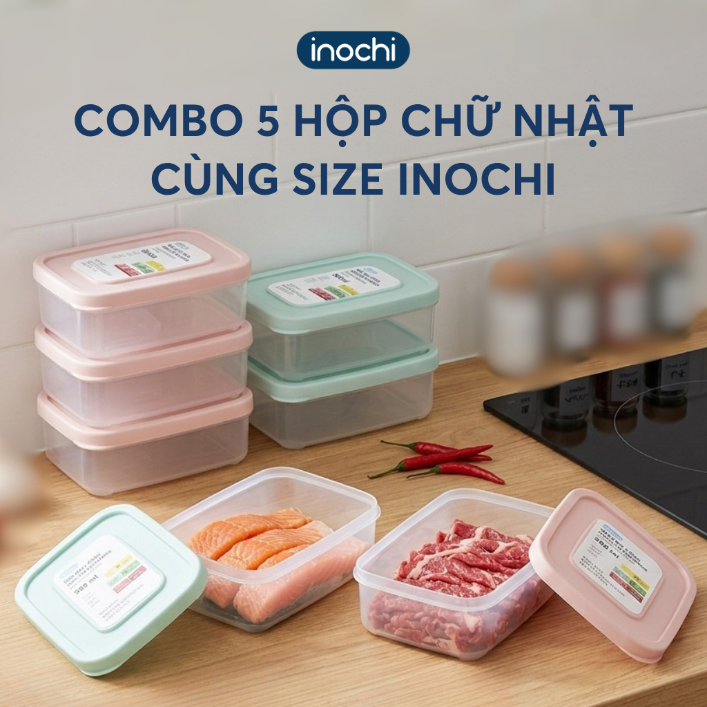 Combo 5 hộp chữ nhật cùng size Inochi đựng thực phẩm tươi sống để trong tủ…