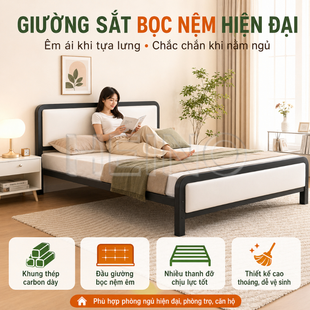HEINO Giường sắt lắp ráp chịu lực tốt Khung thép làm dày gia cố chắc chắn đủ size 1m - 1m8 | BigBuy360 - bigbuy360.vn