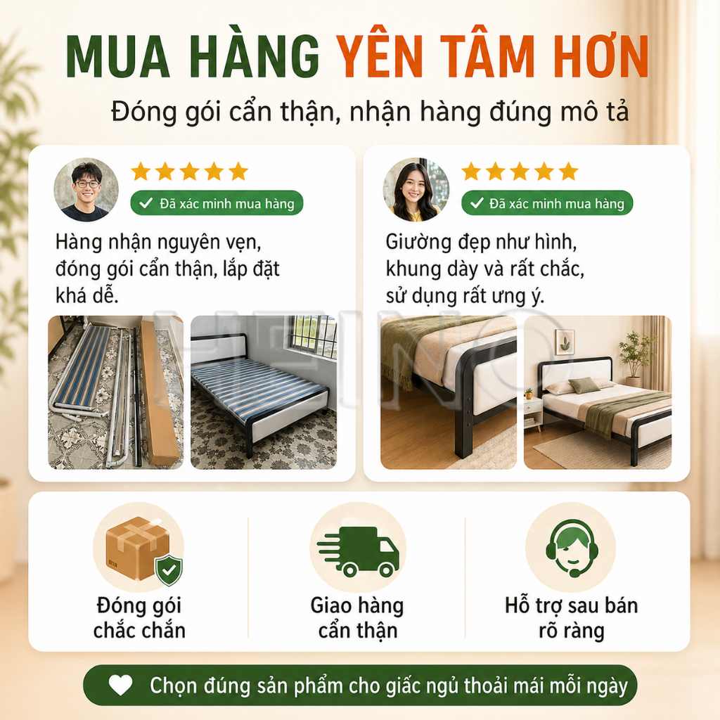 HEINO Giường sắt lắp ráp chịu lực tốt Khung thép làm dày gia cố chắc chắn đủ size 1m - 1m8 | BigBuy360 - bigbuy360.vn