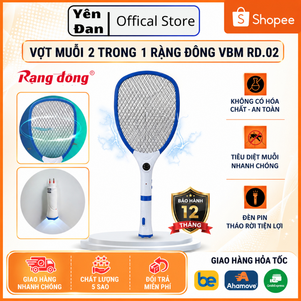 Vợt bắt muỗi Rạng Đông VBM RD.02 - Điện tử, Kích thước 538x210x47mm, Nhựa ABS, Lưới thép không gỉ
