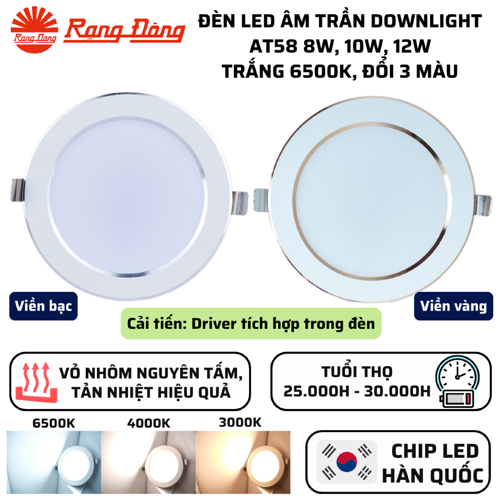 Đèn LED âm trần Downlight 8W, 10W, 12W Viền vàng/bạc Ánh sáng Trắng 6500K, Đổi 3 màu Rạng Đông AT58
