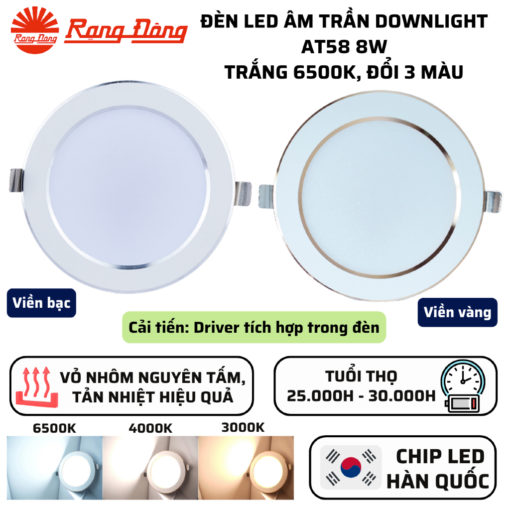 Đèn LED âm trần Downlight 8W đục lỗ 90mm Viền vàng/bạc Sáng Trắng 6500K, Đổi màu Rạng Đông AT58