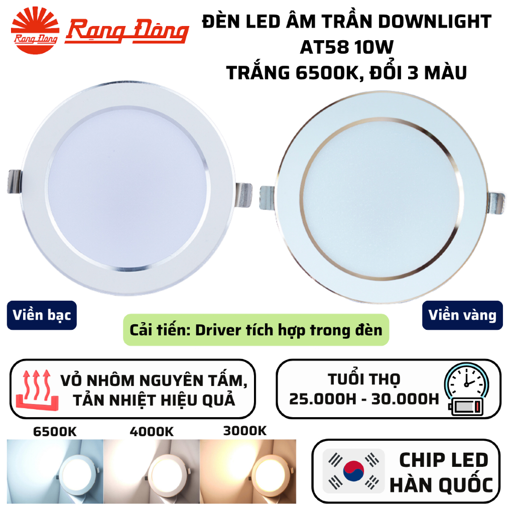 Đèn LED âm trần Downlight 10W đục lỗ 90/110mm Viền vàng/bạc Sáng Trắng 6500K, Đổi màu Rạng Đông AT58