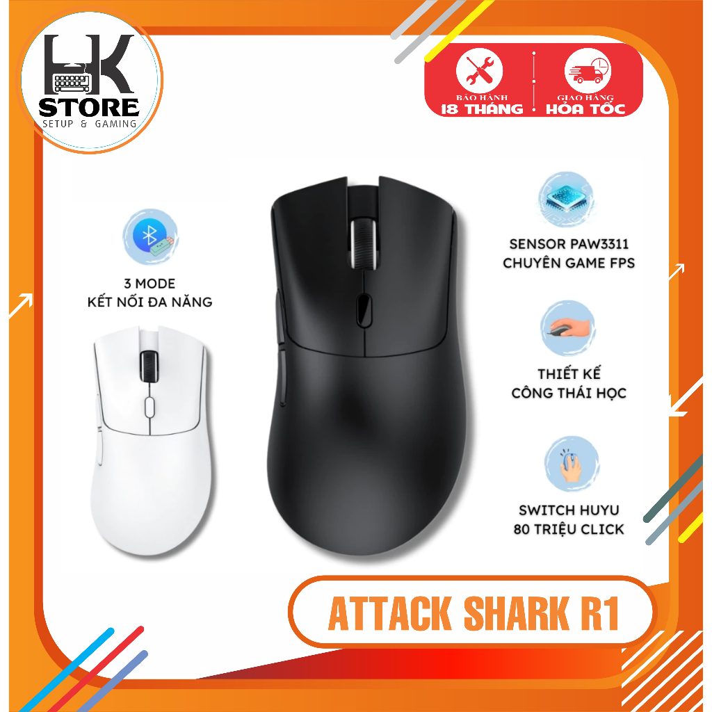 Chuột Không Dây Attack Shark R1 Chip PAW3311, 18000DPI, 3 Mode , App Macro, Chuột Chơi Game