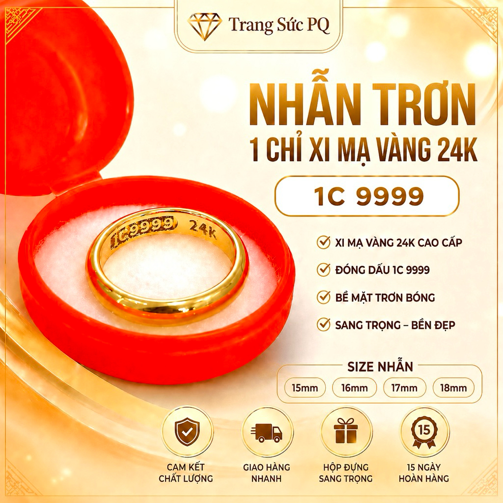 Nhẫn Trơn 1 Chỉ Xi Mạ Vàng 24K Cao Cấp Có Đóng Dấu 1C 9999 Nhẫn Nam Nữ Size 15 16 17 18mm