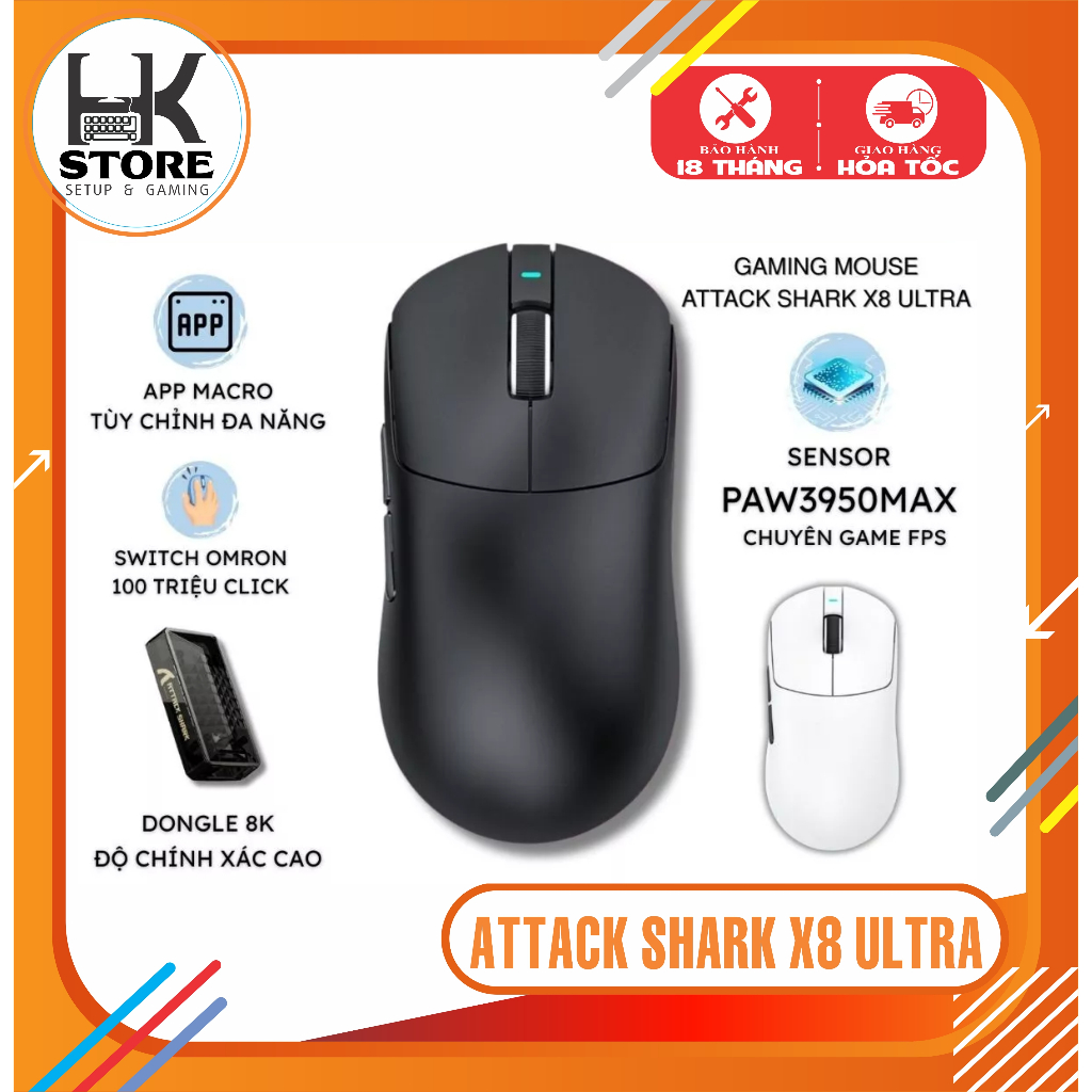 Chuột Không Dây Attack Shark X8 Ultra Chip PAW3950MAX Form Đối Xứng, Switch Omron, App Macro, Gaming