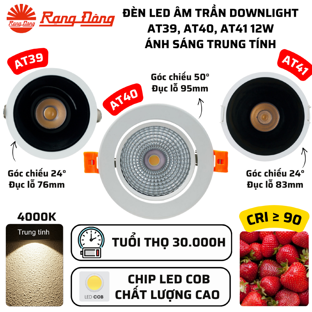 Đèn LED âm trần Downlight Spotlight 12W Trung tính 4000K góc 24°,  50° Rạng Đông AT39, AT40, AT41
