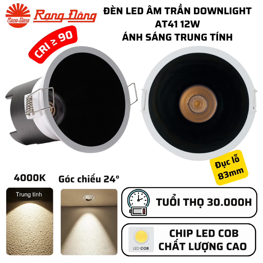 Đèn LED âm trần Downlight Spotlight 12W Trung tính 4000K góc chiếu 24° Rạng Đông  AT41 86/12W