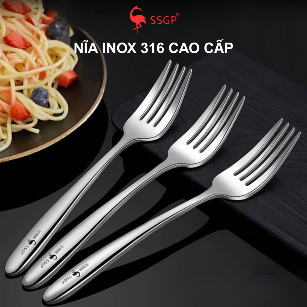Nĩa inox 316 cao cấp SSGP, nĩa beefsteak Lucky, thìa ăn, muỗng ăn, bộ muỗng, muỗng inox, Nĩa ăn inox
