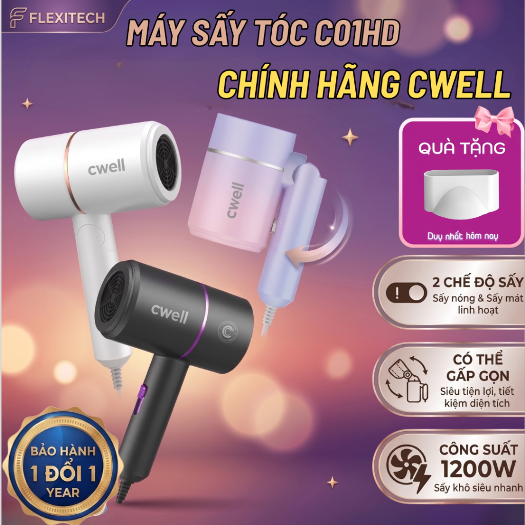 Máy Sấy Tóc CWELL C01HD – Công Nghệ Sấy Ánh Sáng Xanh, Gập Gọn Thông Minh, Công Suất 1200W | Flexite