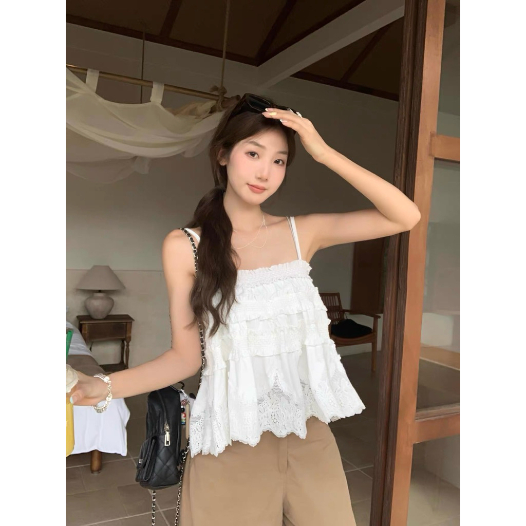 Áo 2 dây babydoll tầng nhún phối ren TABISHOP Áo kiểu nữ dễ thương mặc hè dễ phối đồ(327) | BigBuy360 - bigbuy360.vn