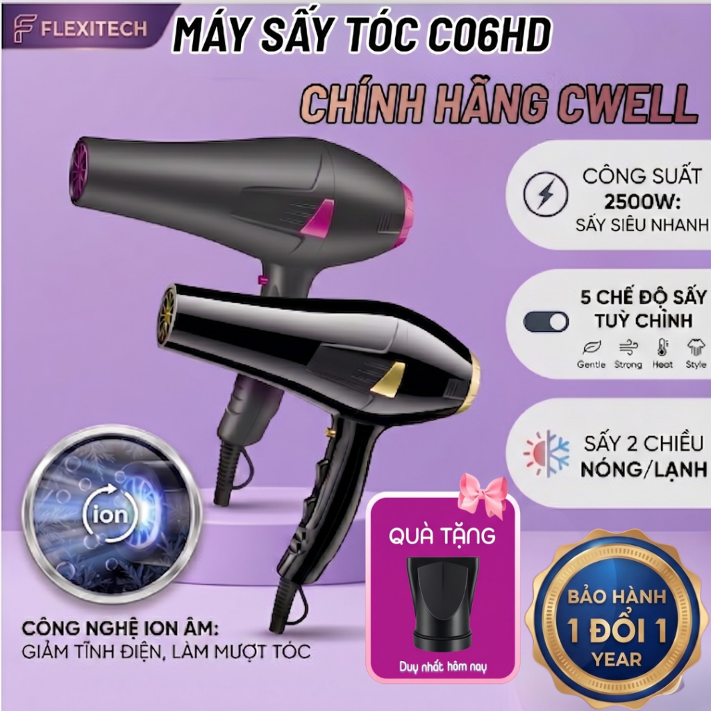 Máy sấy tóc 2500W CWELL C06HD, Máy sấy tóc 2 chiều Nóng Lạnh, Máy Sấy Tóc Chuẩn Salon, Máy Sấy Tóc N