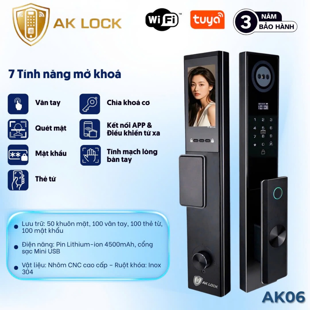 Khóa Cửa Thông Minh FaceID 3D Sollic 7 Phương Thức Mở Khóa Tuya Vân Tay Chung Cư Căn Hộ AK06 - AK Lo