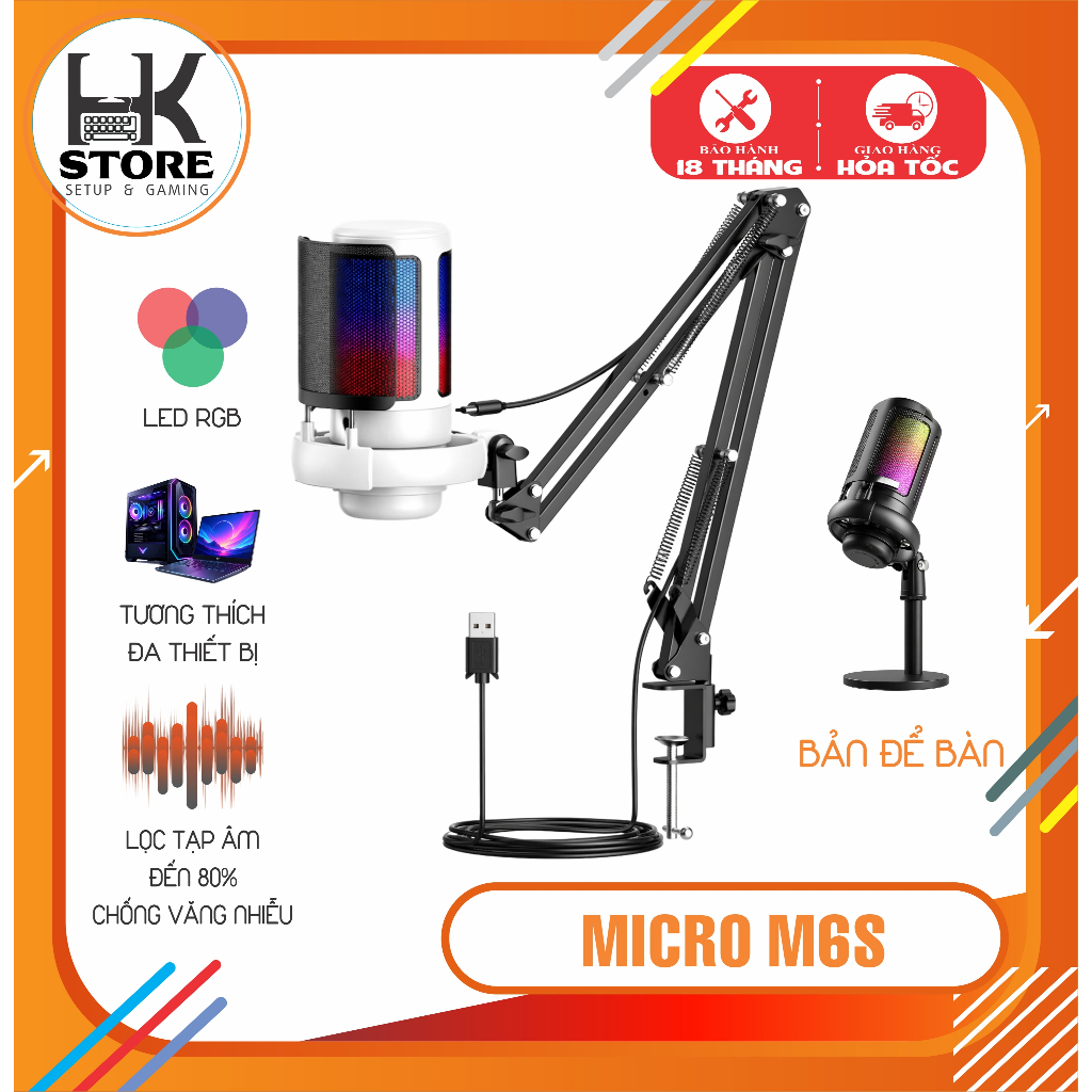 Micro ShouFei Chuyên Nghiệp ME6S Thu Âm Cao Cấp, Khử Nhiễu, RGB Hiện Đại, Ghi Âm 360° Chuẩn Studio