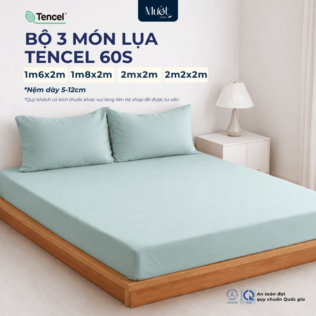 Bộ ga gối 3 món nệm 1m6x2m, 1m8x2m, 2mx2m, 2m2x2m (Dày 5-12cm) Lụa Tencel 60s Mướt Home cao cấp, 2 v