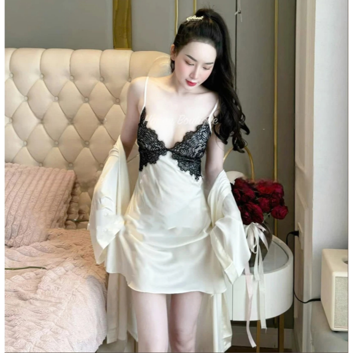 [Peinn] HT136a Váy ngủ sexy phối ren xẻ v1 kèm ĐỆM LÓT,đồ ngủ lụa xoè nhẹ hở lưng gợi cảm HT136a MÚT