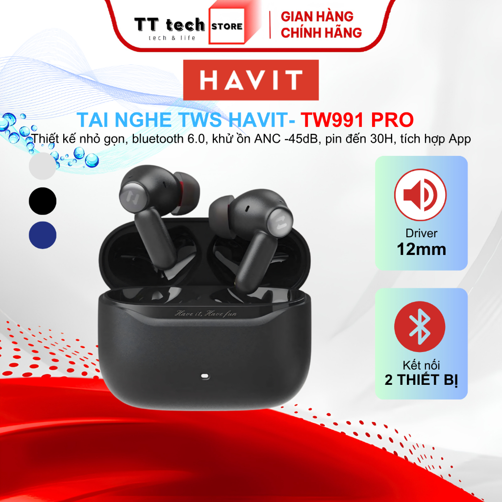 Tai Nghe TWS Havit Space NC01T (TW991 PRO) Bluetooth 6.0, Chống Ồn ANC, App Havit Life, Pin Đến 30H