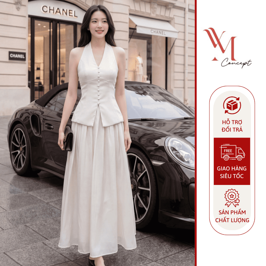 YM Concept Set Áo GiLe Cổ Yếm Phối Nút Bọc Và Chân Váy Xoè - D1646