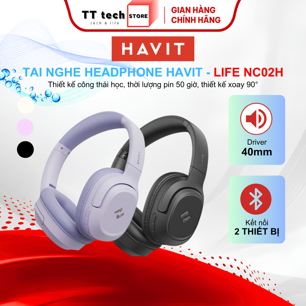 Tai Nghe Headphone Bluetooth Havit Life NC02H, Chống Ồn ANC -30dB, Driver 40mm, Pin Đến 50H - BH12T