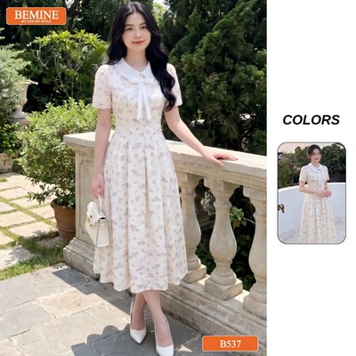 Đầm thiết kế BEMINE cổ sen đính nơ thêu hoa dáng dài phù hợp đi chơi-B537