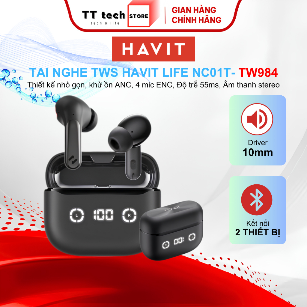 Tai Nghe TWS HAVIT LIFE NC01T TW984 Nhỏ Gọn, Chống Ồn ANC + 4 Micro ENC, Độ Trễ 55ms, Kết Nối App