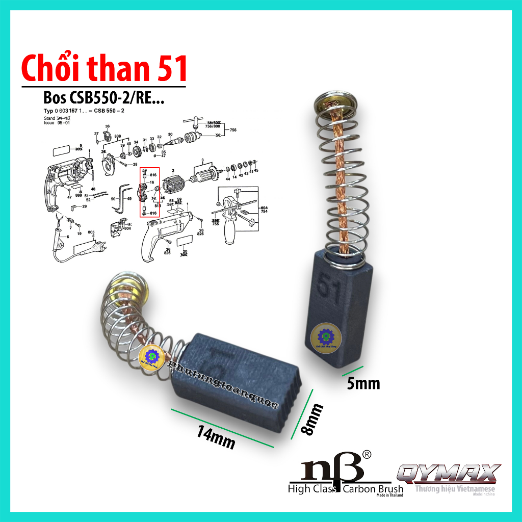 Chổi Than 51 Sử Dụng Cho Máy Khoan Bos CSB550-2, Máy Bào, Máy Soi Bé Makita M3700 GA6020