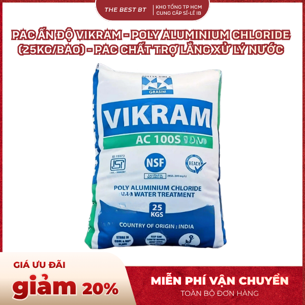 PAC Ấn Độ Vikram - Poly Aluminium Chloride (25kg/bao) - PAC chất trợ lắng xử lý nước hồ bơi,...