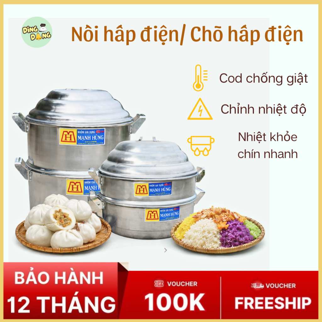 Nồi hấp điện 2 tầng Mạnh Hùng – Chõ hấp xôi, bánh – Dùng với hũ flan nhựa, khuôn silicon bánh da lợn